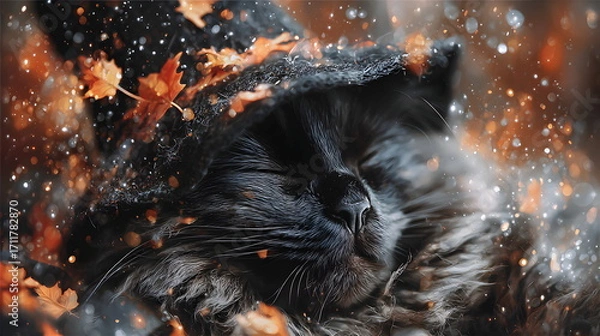 Obraz A fluffy black magic  kitten wearing an witch's hat, surrounded by autumn leaves, Halloween background