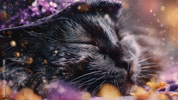 Fototapeta A fluffy black magic  kitten wearing an witch's hat, surrounded by autumn leaves, Halloween background