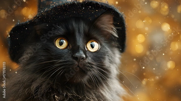 Obraz A fluffy black magic  kitten wearing an witch's hat, surrounded by autumn leaves, Halloween background