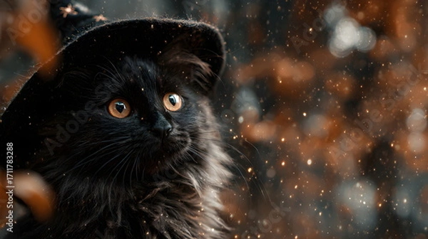 Obraz A fluffy black magic  kitten wearing an witch's hat, surrounded by autumn leaves, Halloween background