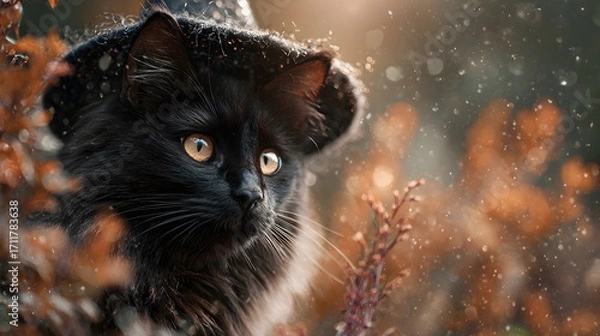 Obraz A fluffy black magic  kitten wearing an witch's hat, surrounded by autumn leaves, Halloween background