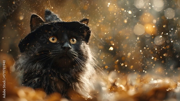 Obraz A fluffy black magic  kitten wearing an witch's hat, surrounded by autumn leaves, Halloween background