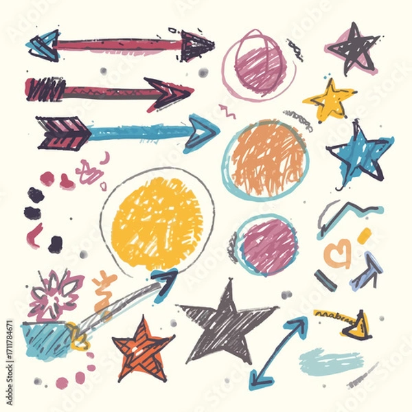 Fototapeta Hand drawn arrows, stars, circles, and doodles on white. Perfect for presentations, social media posts, stationery, creative projects.