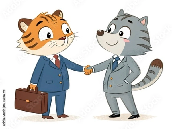 Fototapeta Fox and tiger business characters in formal attire with briefcases shaking hands, cartoon design isolated on white.