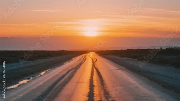 Fototapeta The beautiful sunset casting golden light on an empty road
