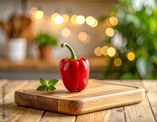 Obraz Red pepper on wooden cutting board in kitchen