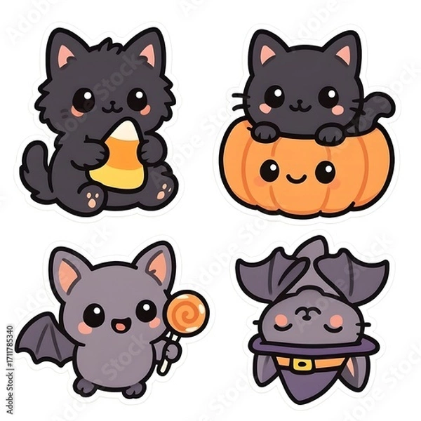 Fototapeta Cute Cat and Bat Buddy Characters in Kawaii Halloween Style
