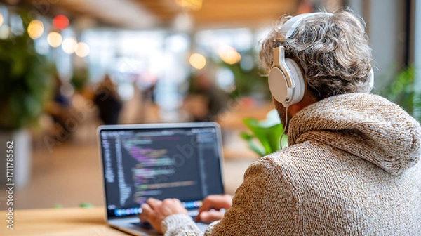 Fototapeta Person With Curly Hair Works on a Laptop in a Lively Cafe While Listening to Music
