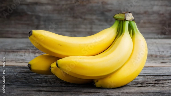 Fototapeta 木目のテーブルに置かれたバナナの房と自然な背景