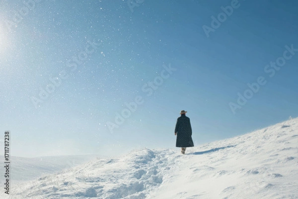 Fototapeta solitary shepherd stands in pristine snowy landscape illuminated by bright sunlight