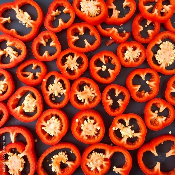 Obraz Red pepper slices on dark surface