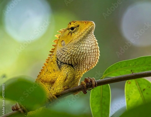 Fototapeta Close-up of a yellow lizard on a branch