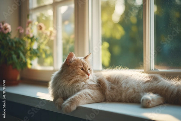 Fototapeta cozy cat lounging on windowsill basking in warm sunlight