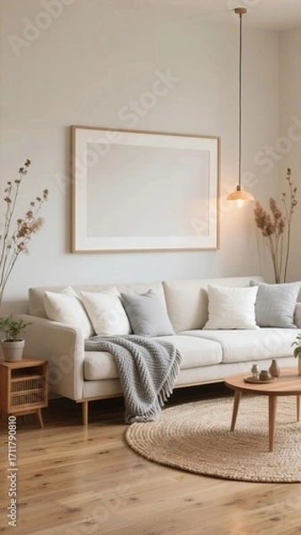 Fototapeta Modern living room with white sofa, wooden furniture, and minimalist decor