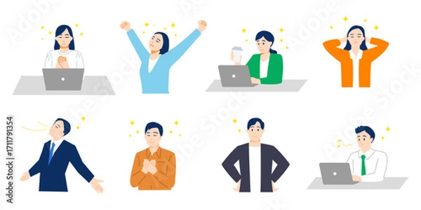 Obraz 深呼吸したり心をケアするなどしてスッキリした様子の男女の表情イラストセット