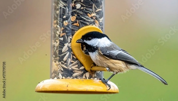 Fototapeta Chickadee eating from bird feeder
