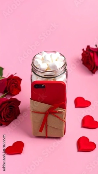 Obraz Red phone, marshmallows, and roses on pink