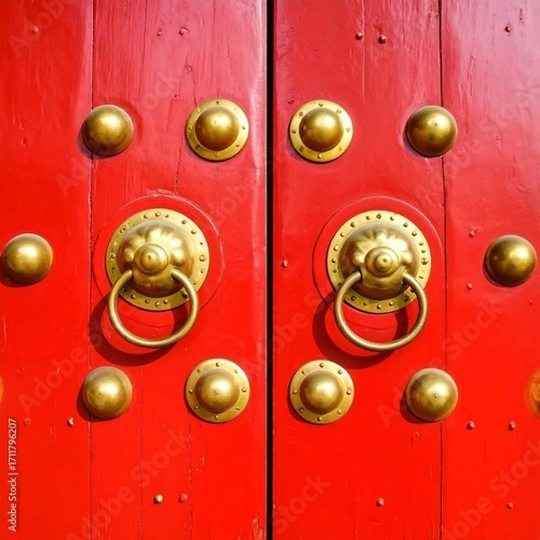 Obraz Red double doors with brass hardware