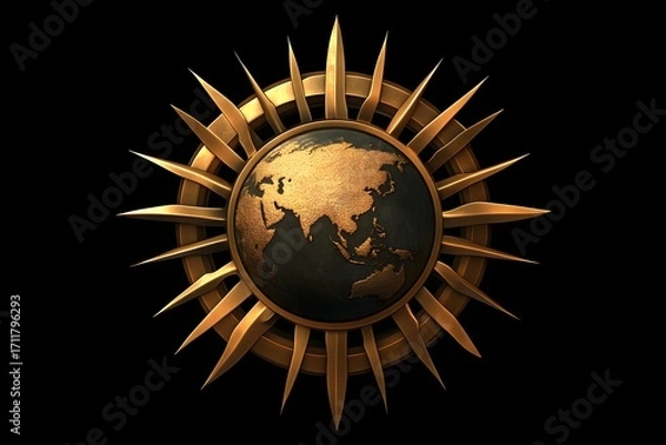 Fototapeta Golden Earth Globe with Sun Rays Artistic Design on Black Backdrop