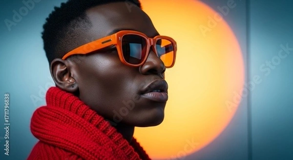 Fototapeta Style and Grace: A Portrait of a Stylish Individual: A portrait of an elegant person, wearing vibrant orange sunglasses and a matching red sweater, showcasing confidence and modern style.