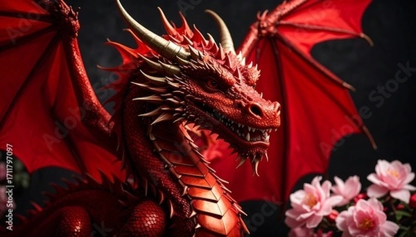 Fototapeta Red dragon, majestic pose, dark background, flowers