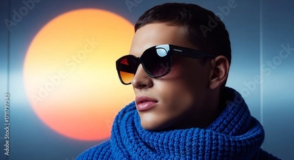 Fototapeta Style in Radiance: A stylish individual donning fashionable shades and a vibrant blue scarf, bathed in the warm glow of the setting sun, radiating modern elegance and confidence.