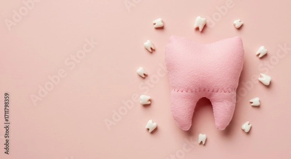 Fototapeta On a blush pink background, felt tooth rests among several smaller, shiny, white replicas. Children’s dentistry concept.copy space