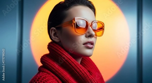 Fototapeta Radiant in Orange: A stylish individual dons striking orange sunglasses against a softly illuminated backdrop. The shot radiates warmth and allure. 