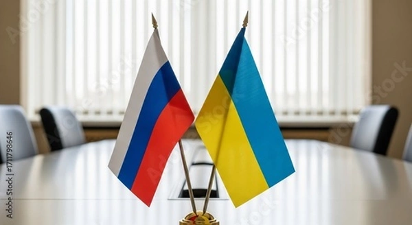 Fototapeta Flags of Russia and Ukraine: The flags of Russia and Ukraine stand side-by-side in a symbolic display of international relations, diplomacy, and the pursuit of peace.
