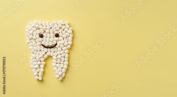 Fototapeta A tooth shape, made up of small white marshmallows with chocolate candies for eyes and mouth, rests on yellow background, implying an irony regarding dental health. Children’s dentistry concept.copy s