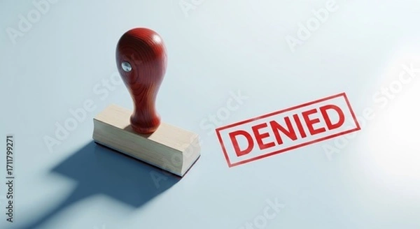 Fototapeta Document Denial: A close-up shot of a rubber stamp imprint and a DENIED stamp, conveying a sense of rejection, disapproval, or refusal.