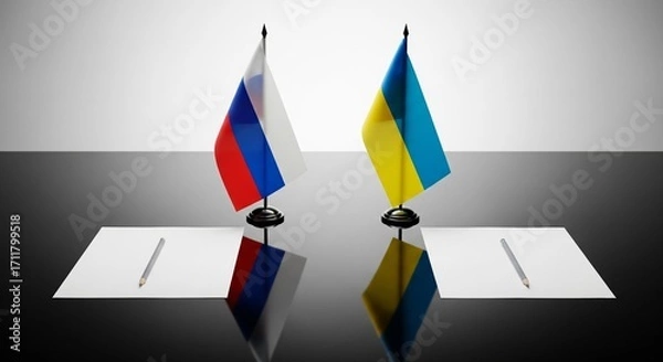 Fototapeta Diplomatic Accord: A symbolic image showcasing the flags of Russia and Ukraine positioned side by side, over blank documents ready for agreement. It depicts unity and cooperation.