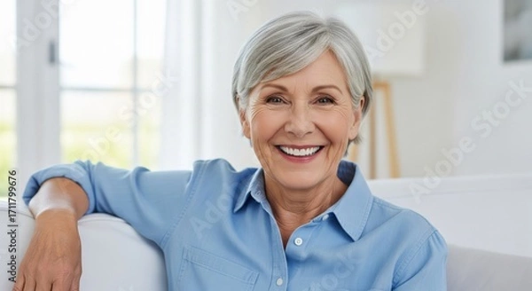 Fototapeta Portrait of Serene Senior: A warm and inviting portrait capturing a serene, smiling senior woman exuding elegance and wisdom in a light-filled, welcoming setting. 