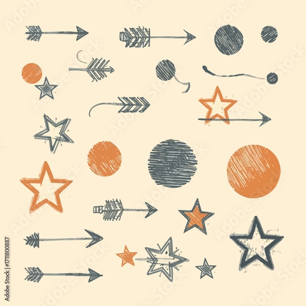 Fototapeta Pattern of stars, circles, and arrows with rustic charm. Suitable for backgrounds, designs, decor, crafts, and print materials.