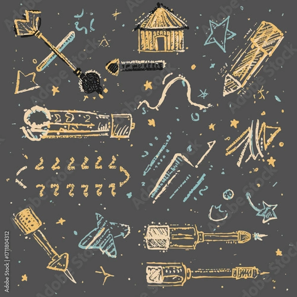 Fototapeta Doodles in chalky style on gray background. Suitable for educational materials, presentations, marketing campaigns, and social media posts.