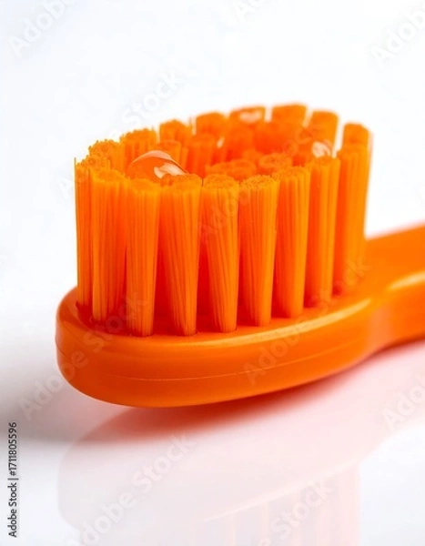 Fototapeta Close-up of an orange toothbrush head with toothpaste