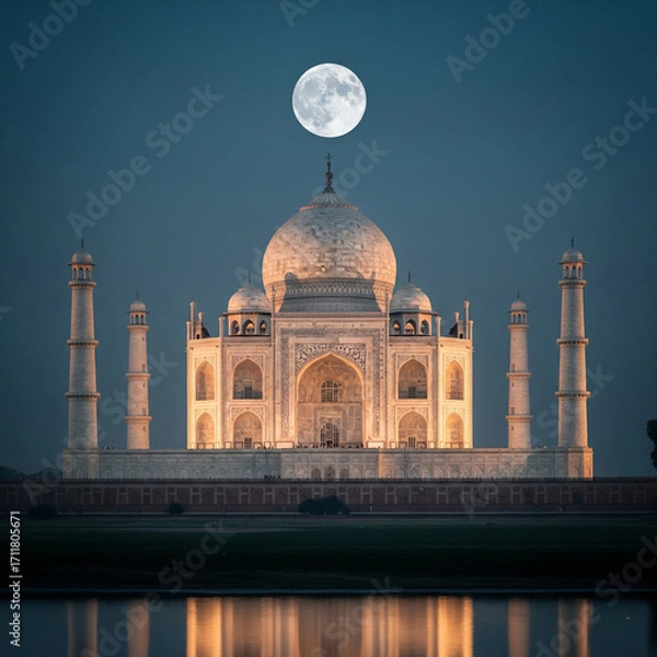 Fototapeta The Taj Mahal isn’t just white marble—its colors change with the sky. 🌅 Pink at dawn, dazzling white at noon, and golden under moonlight, it reflects time itself. 