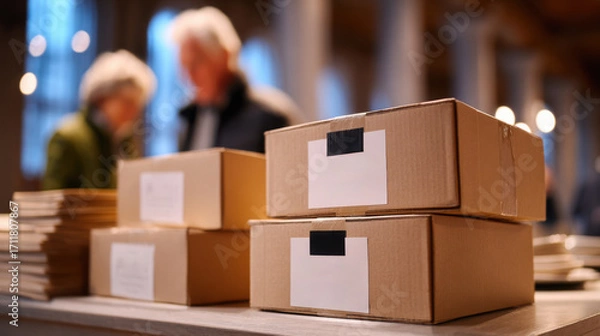 Fototapeta Cardboard boxes stacked on a wooden table in a warm, inviting space, with blurred figures in the background, creating a cozy atmosphere for Thanksgiving preparations