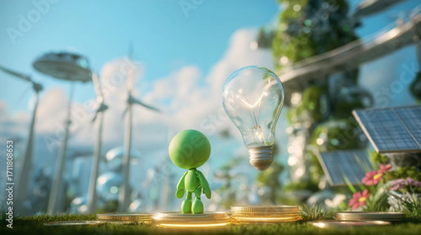 Fototapeta 13. Green figure with floating lightbulb in futuristic eco-city with wind turbines and solar panels, concept of sustainable innovation