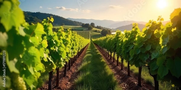 Fototapeta Sun-drenched vineyard rows stretching to a distant hillside, lush green vines heavy with ripening grapes, a picturesque winery backdrop perfect for wine labels or websites , sun, sky, drink