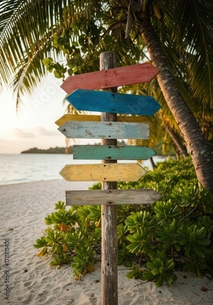Obraz A colorful wooden pointer sign on a tropical beach surrounded by palm trees and turquoise ocean waves. Travel destination advertisement for tourism banner, poster, blog post with space.	
