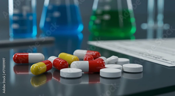Fototapeta Pills and Capsules in a Petri Dish in a Scientific Laboratory