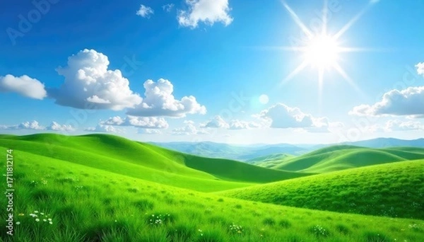 Obraz Sunlight streams through fluffy clouds illuminating a vibrant landscape of rolling green hills and a clear blue sky, a picturesque daytime scene , daytime, sunlight, air