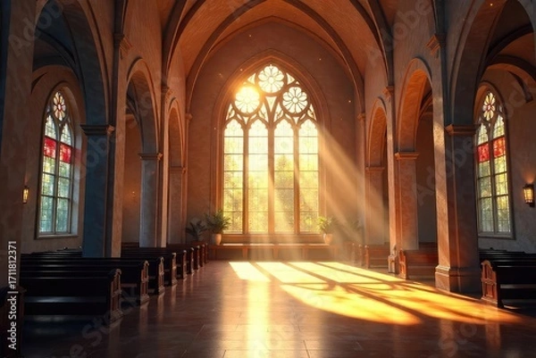 Fototapeta Sunlight streams through stained-glass windows in a serene, modern chapel, illuminating dust motes dancing in the air A feeling of peace and contemplation pervades the space , faith, sunlight