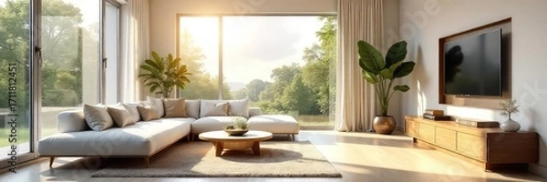 Obraz Sunlit interior of a modern living room, featuring large windows and minimalist furniture Neutral color palette creates a calm and spacious atmosphere , furniture, home decor, style