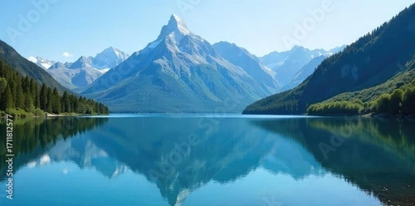 Fototapeta Tranquil lake reflecting a majestic mountain range under a clear blue sky; untouched nature at its finest, evoking peace and calm ,  stones,  beauty,  wilderness