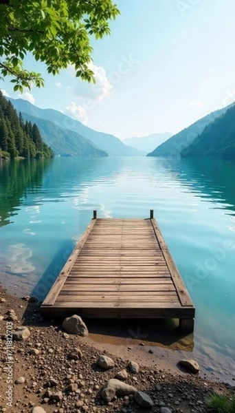 Obraz Tranquil scene of a wooden dock extending into calm water, the shore gently sloping into the lake Perfect for relaxation, travel, and nature themes , rural, wildlife, holiday
