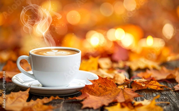 Fototapeta 紅葉に囲まれた秋のテーブルで楽しむ温かいカフェラテと癒しの時間