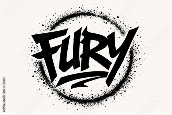 Fototapeta Fury graffiti lettering bold aggressive strokes surrounded by spray dots circular frame composition clean white background vector look high contrast.