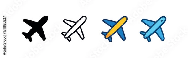 Fototapeta Vector icon travel airplane same pose same proportions four styles black solid glyph outline minimal flat multicolor filled cartoon flat shaded.
